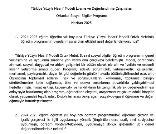 Türkiye Yüzyılı Maarif Modeli İzleme ve Değerlendirme Çalışmaları - Ortaokul Sosyal Bilgiler Programı