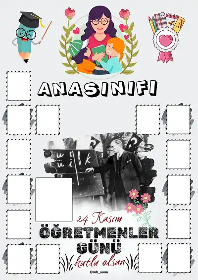 Anasınıfı İçin Çerçeveli Öğretmenler Günü Posteri (15 Kişilik)