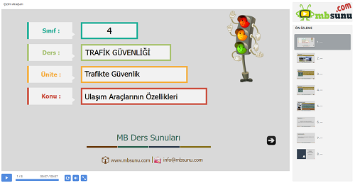 4.Sınıf Trafik Güvenliği - Ulaşım Araçlarının Özellikleri Sunusu