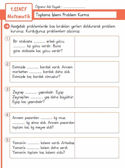 1. Sınıf Matematik - Toplama İşlemi Problem Kurma Etkinlikleri