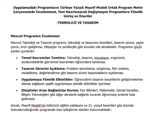 Ortaokul Teknoloji ve Tasarım Programının Maarif Modeli Metni Çerçevesince İncelenmesi, Görüş ve Öneriler