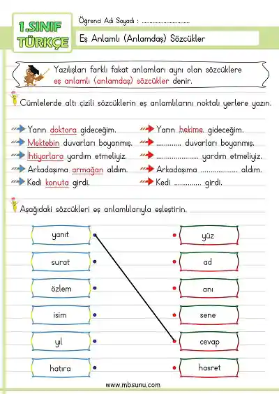 1. Sınıf Türkçe - Eş Anlamlı Sözcükler Etkinliği