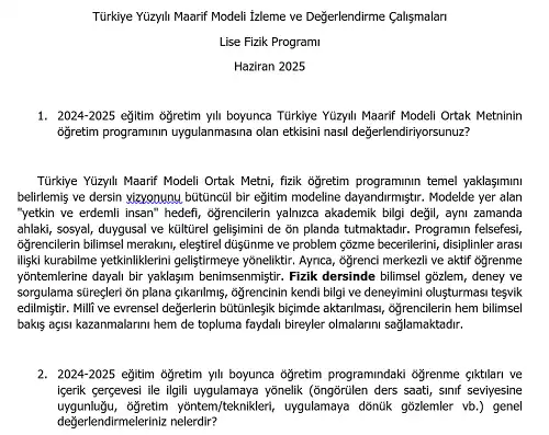 Türkiye Yüzyılı Maarif Modeli İzleme ve Değerlendirme Çalışmaları - Lise Fizik Programı