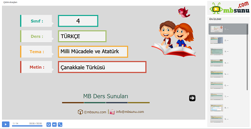 4.Sınıf Türkçe Çanakkale Türküsü Metni Sunusu