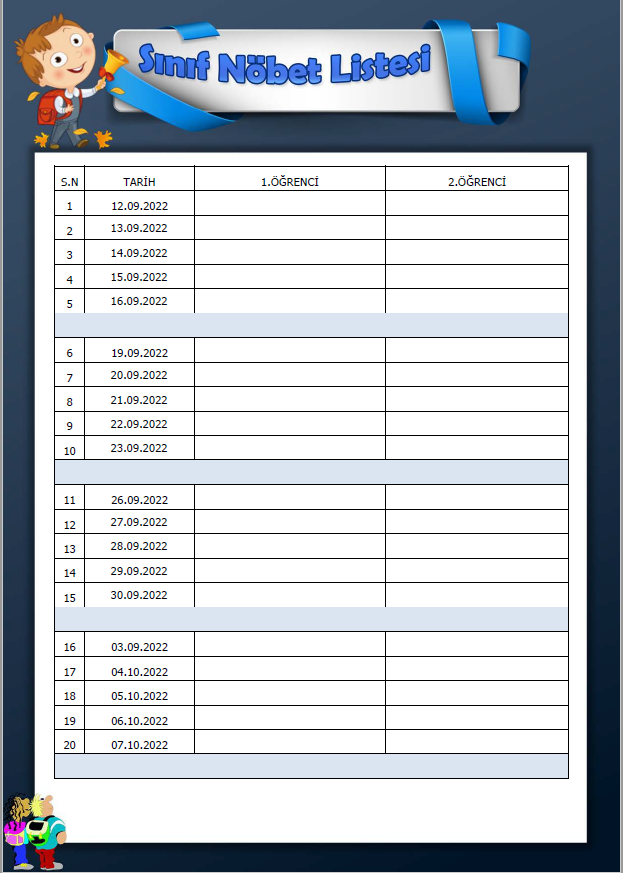 2022 - 2023 Öğrenci Nöbet Listesi Formu