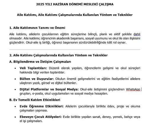 2025 Ortaokul Mesleki Çalışma: Aile Katılımı, Aile Katılımı Çalışmalarında Kullanılan Yöntem ve Teknikler