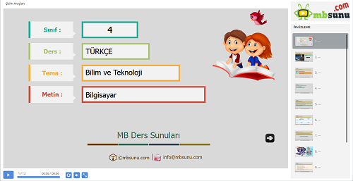 4.Sınıf Türkçe Bilgisayar Metni Sunusu