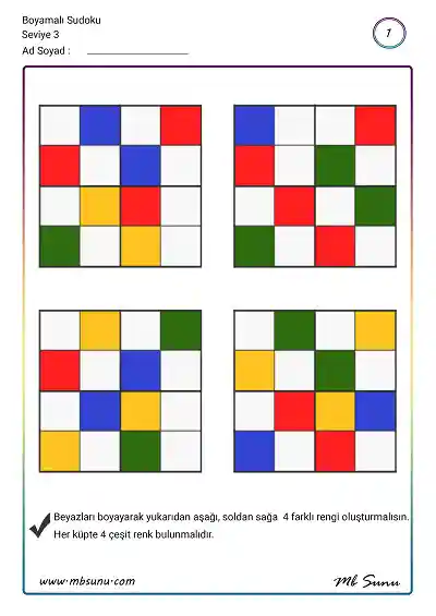 Çocuklar İçin Boyamalı Sudoku Etkinlikleri - Seviye 3