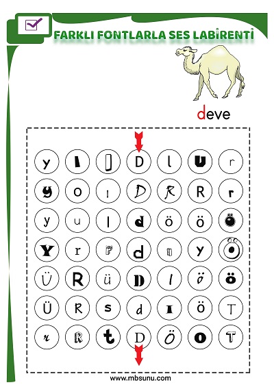 1. Sınıf İlk Okuma Farklı Fontlarla D Sesi Oyunlu Labirent Etkinliği