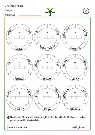 Üç Kelime Bir Anlam - Seviye 1 - Anahtar Sözcük Etkinliği 2