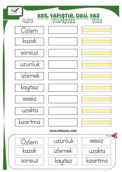 1. Sınıf İlk Okuma Z Sesi - Kes Yapıştır Oku Yaz Etkinliği