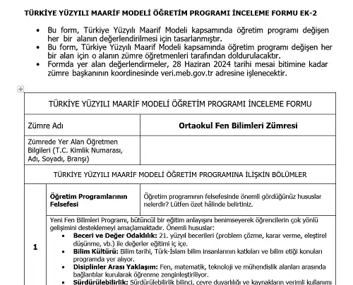 Maarif Modeli Ortaokul Fen Bilimleri Programı İnceleme Formu Ek-2 (Doldurulmuş Hali)
