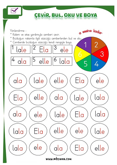 1. Sınıf İlk Okuma A Sesi - Çevir, Bul, Oku ve Boya Etkinliği