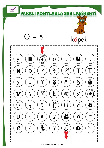 1. Sınıf İlk Okuma Farklı Fontlarla Ö Sesi Oyunlu Labirent Etkinliği