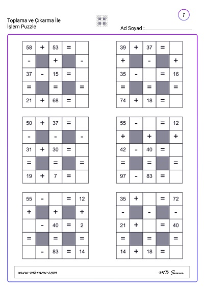 2. Sınıf Matematik - Toplama ve Çıkarma İle İşlem Puzzle Etkinlikleri