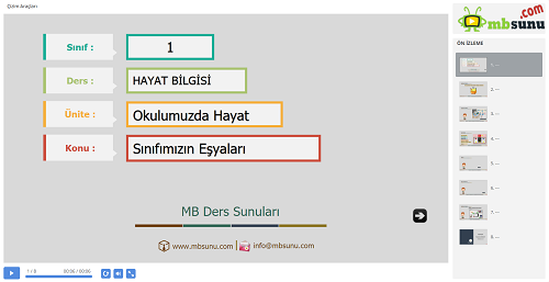 1.Sınıf Hayat Bilgisi Sınıfımızın Eşyaları Sunusu