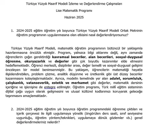 Türkiye Yüzyılı Maarif Modeli İzleme ve Değerlendirme Çalışmaları - Lise Matematik Programı