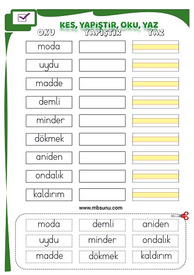 1. Sınıf İlk Okuma D Sesi - Kes Yapıştır Oku Yaz Etkinliği