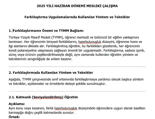 2025 İlkokul Mesleki Çalışma: TYMM’de Farklılaştırma Yöntem ve Teknikleri