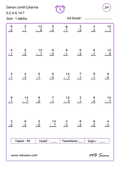 1. Sınıf Matematik - 1 Dakika Zaman Limitli Çıkarma İşlemi Etkinlikleri (80 Sayfa)