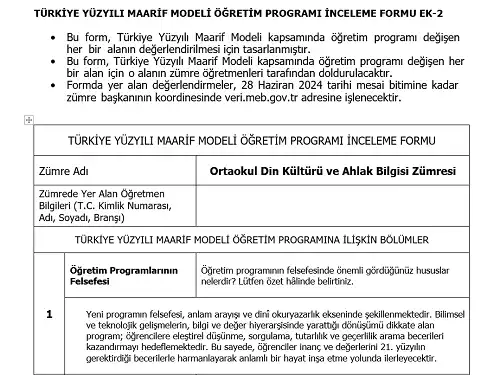 Maarif Modeli Ortaokul Din Kültürü ve Ahlak Bilgisi Programı İnceleme Formu Ek-2 (Doldurulmuş Hali)