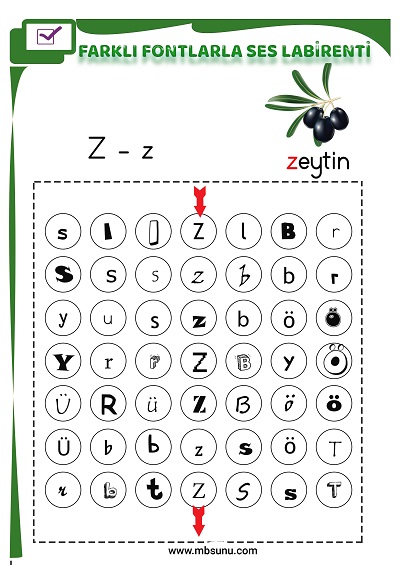 1. Sınıf İlk Okuma Farklı Fontlarla Z Sesi Oyunlu Labirent Etkinliği
