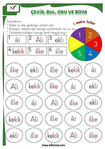 1. Sınıf İlk Okuma İ Sesi - Çevir, Bul, Oku ve Boya Etkinliği