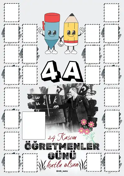 4-A Şubesi İçin Çerçeveli Öğretmenler Günü Posteri (24 Kişilik)