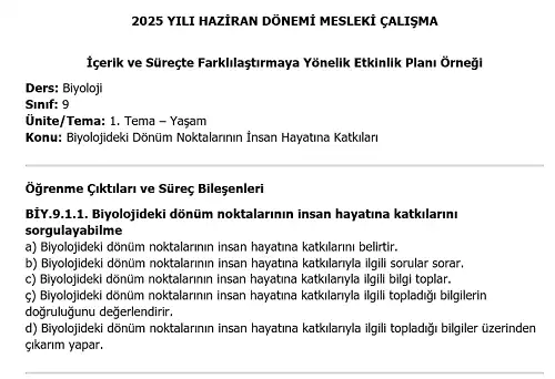 2025 Lise Mesleki Çalışma: İçerik ve Süreçte Farklılaştırmaya Yönelik Biyoloji Etkinlik Planı Örneği