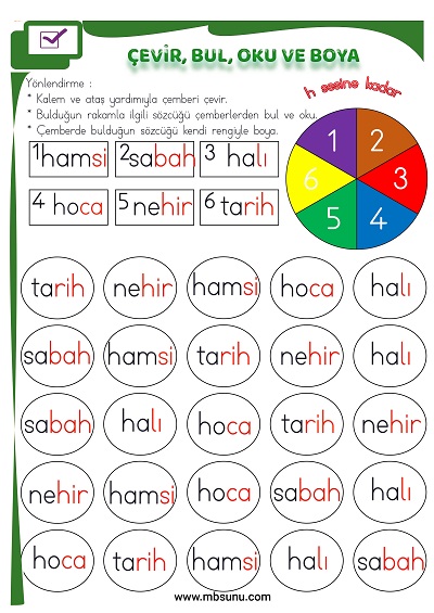 1. Sınıf İlk Okuma H Sesi - Çevir, Bul, Oku ve Boya Etkinliği
