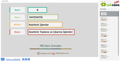 4.Sınıf Matematik Kesirlerle Toplama ve Çıkarma İşlemleri Sunusu