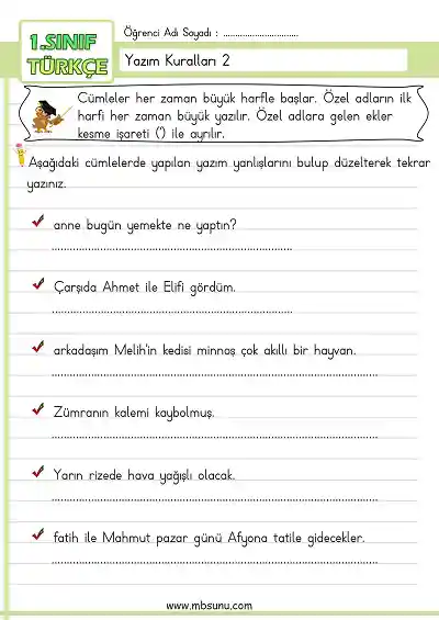1. Sınıf Türkçe - Yazım Kuralları Etkinliği 2