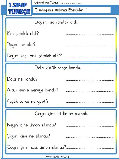 1. Sınıf Türkçe - Okuduğunu Anlama Etkinlikleri 1