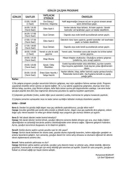 İlkokul 1.Sınıf Öğrencileri İçin Günlük Çalışma Programı