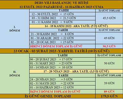 2022 - 2023 Eğitim Öğretim Yılı Meb Çalışma Takvimi