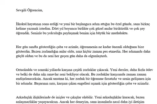 4. Sınıf Öğrencisine Veda Mektubu