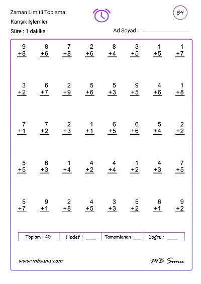 1. Sınıf Matematik - 1 Dakika Zaman Limitli Toplama İşlemi Etkinlikleri (64 sayfa)