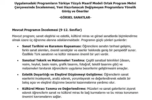 Lise Görsel Sanatlar Programının Maarif Modeli Metni Çerçevesince İncelenmesi, Görüş ve Öneriler