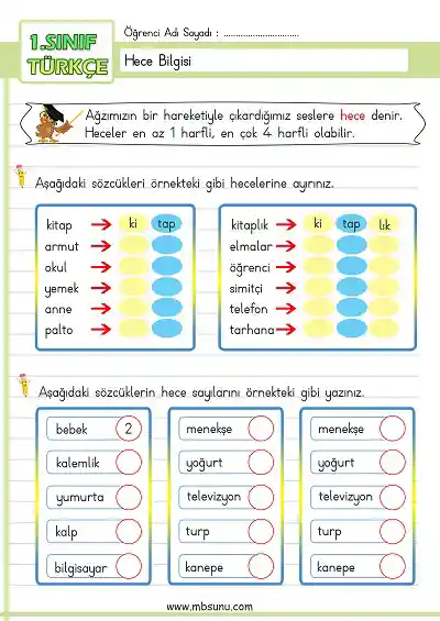 1. Sınıf Türkçe - Hece Bilgisi Etkinliği