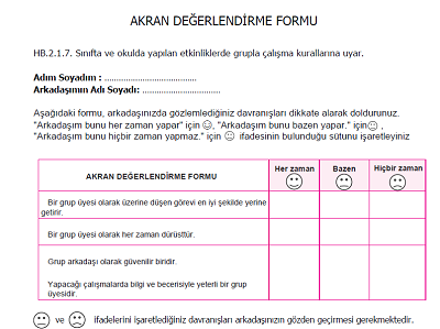 Hayat Bilgisi Akran Değerlendirme Formu