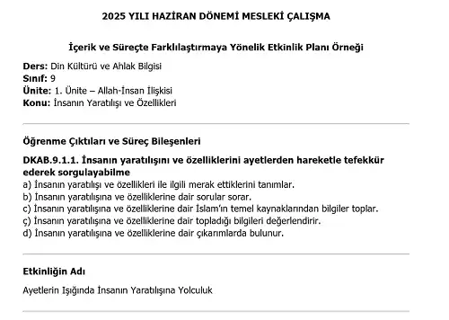 2025 Lise Mesleki Çalışma: İçerik ve Süreçte Farklılaştırmaya Yönelik Din Kültürü ve Ahlak Bilgisi Etkinlik Planı Örneği