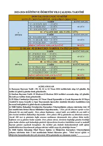 2023 - 2024 Eğitim Öğretim Yılı MEB Çalışma Takvimi