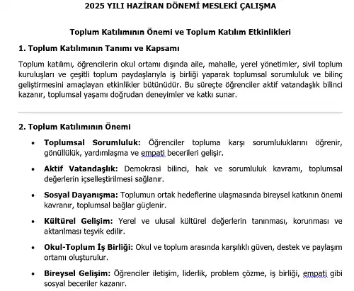 2025 Lise Mesleki Çalışma: Toplum Katılımının Önemi ve Toplum Katılım Etkinlikleri