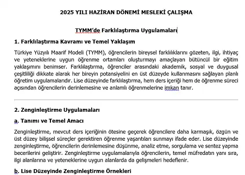 2025 Lise Mesleki Çalışma: TYMM’de Farklılaştırma Uygulamaları