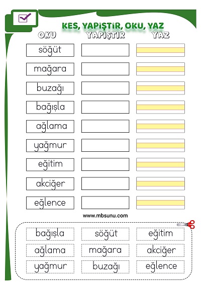 1. Sınıf İlk Okuma Ğ Sesi - Kes Yapıştır Oku Yaz Etkinliği