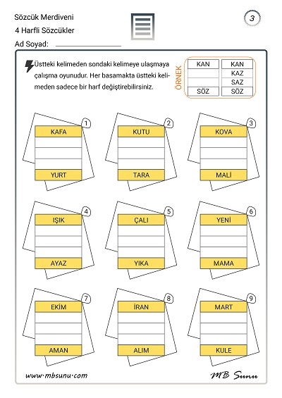 Sözcük Merdiveni Etkinliği - 4 Harfli Sözcükler - 3