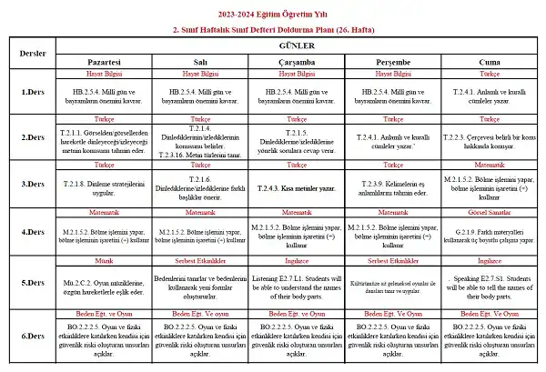2023-2024 Yılı 2. Sınıf 26. Hafta Sınıf Defteri Doldurma Planı