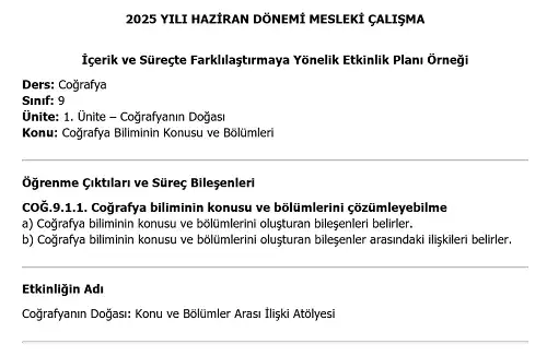 2025 Lise Mesleki Çalışma: İçerik ve Süreçte Farklılaştırmaya Yönelik Coğrafya Etkinlik Planı Örneği