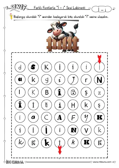 1. Sınıf Farklı Fontlarla İ Sesi Labirent Bulmaca Etkinliği