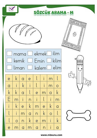 1. Sınıf İlk Okuma M Sesi - Sözcük Arama Etkinliği